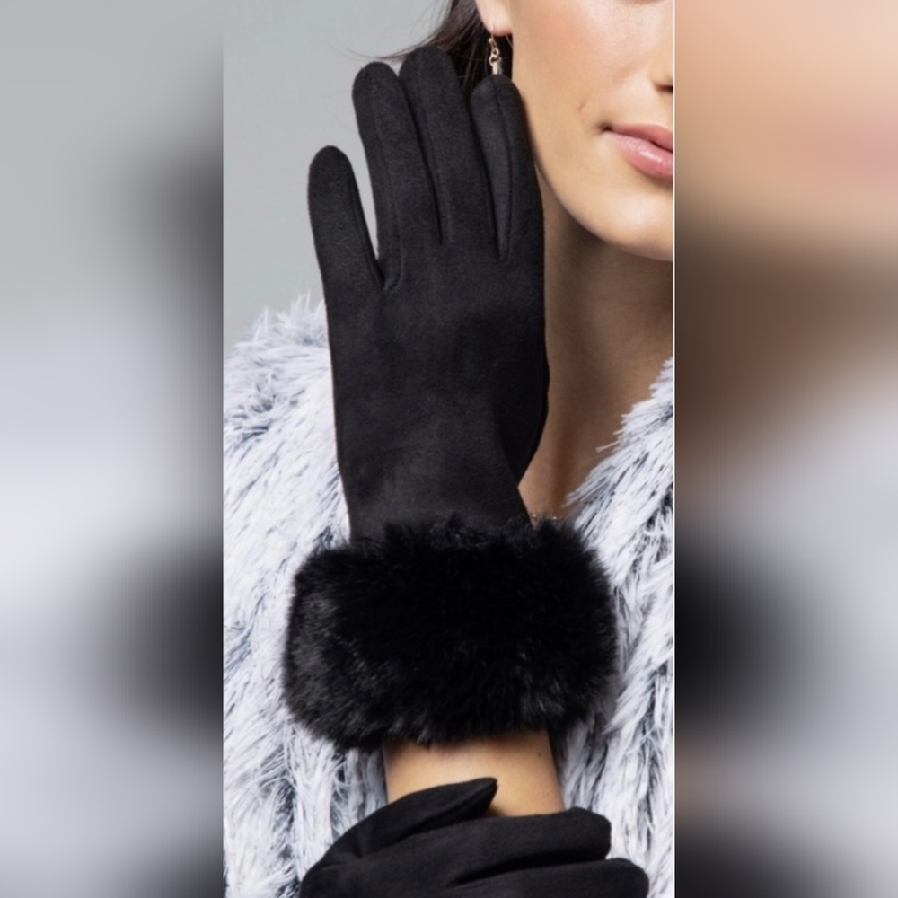 LAST PAIR! Elegant Black Faux Fur Vegan Suede Winter Gloves - Picture 4 of 6
